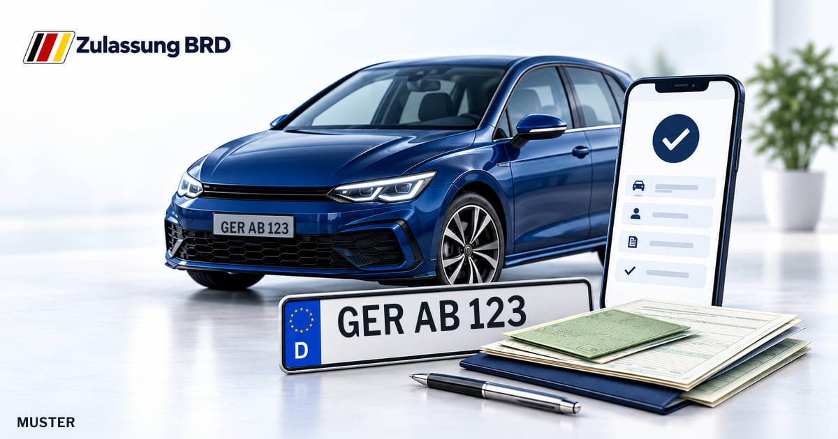 Online Fahrzeugzulassung in Germersheim: Musterkennzeichen GER AB 123, Auto und Fahrzeugpapiere und Smartphone. Illustration mit Logo von Zulassung BRD.